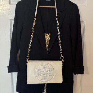Tory Burch White Leather Crossbody Clutch with Logo and Gold Chain Strap